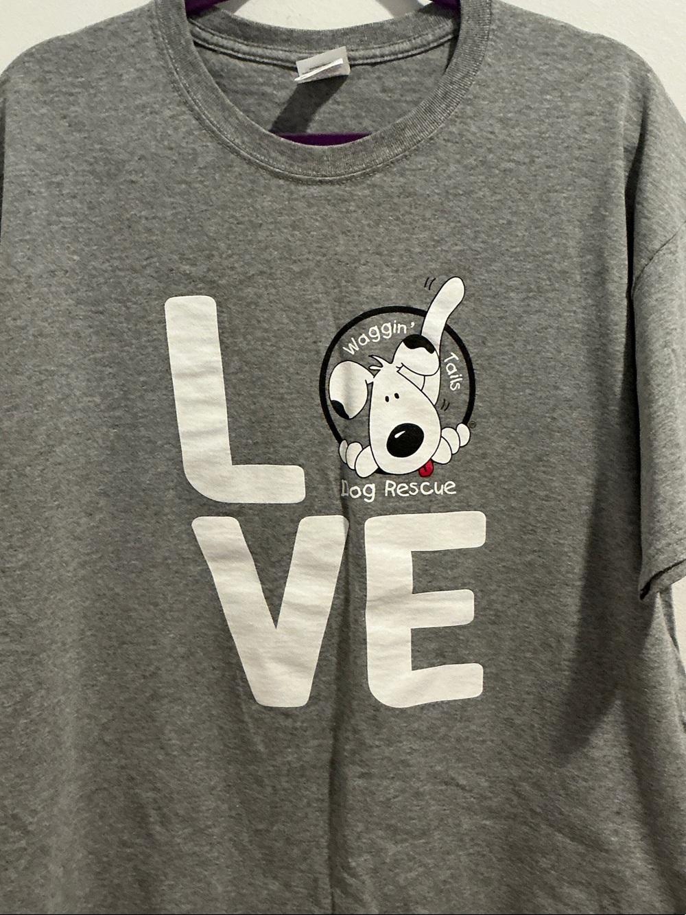 Jerzees Gray 'LOVE' Dog Rescue T-Shirt with Playful Pup Graphic